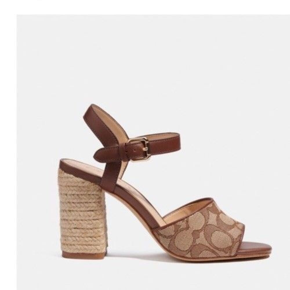 NEW Coach Logo Maddy Sandal Khaki Saddle Summer Woven Block Heel  $198.00 Tan